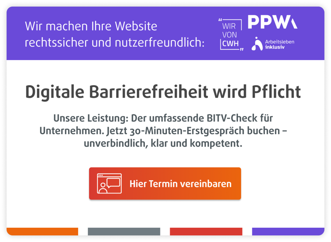 Eine digitale Anzeige in deutscher Sprache, die für die obligatorische digitale Zugänglichkeit von Websites wirbt und einen BITV-Check sowie eine Schaltfläche zur Terminvereinbarung anbietet.