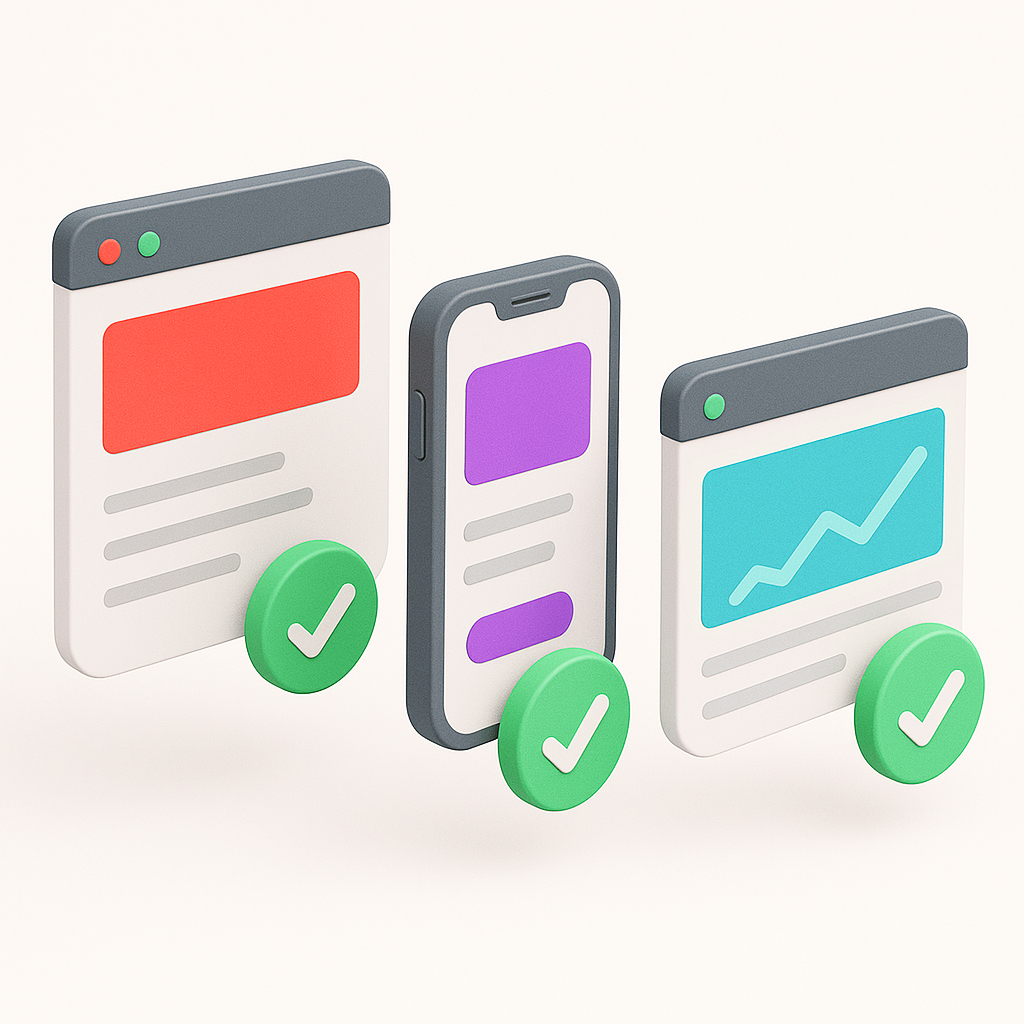 Drei farbige 3D-Displays für Plattformen mit grünen Check-Haken: Website, App und Software