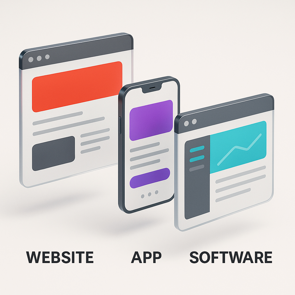 Drei farbige 3D-Displays für Plattformen: Website, App und Software