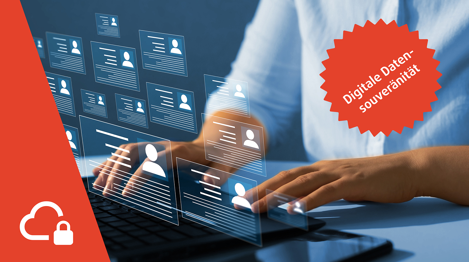 Die Hände tippen auf einer Tastatur mit digitalen Profilsymbolen, einem Cloud-Lock-Symbol und einem Text für digitale Daten-Souveränität.