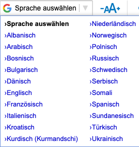 Sprachauswahlmenü mit einer Liste von Sprachen in Deutsch, einschließlich Arabisch, Englisch, Russisch und Spanisch.