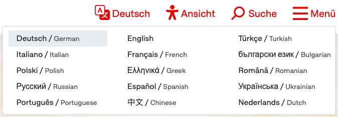 Sprachauswahlmenü mit Optionen in Deutsch, Englisch und verschiedenen anderen Sprachen.