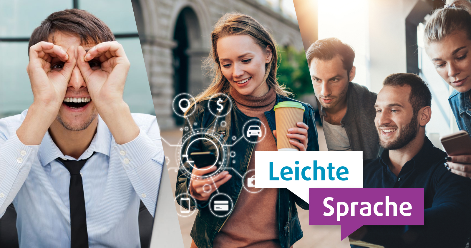 Menschen nutzen Handy und Laptop. Sprechblasen zeigen: "Leichte Sprache". Alle wirken freundlich.