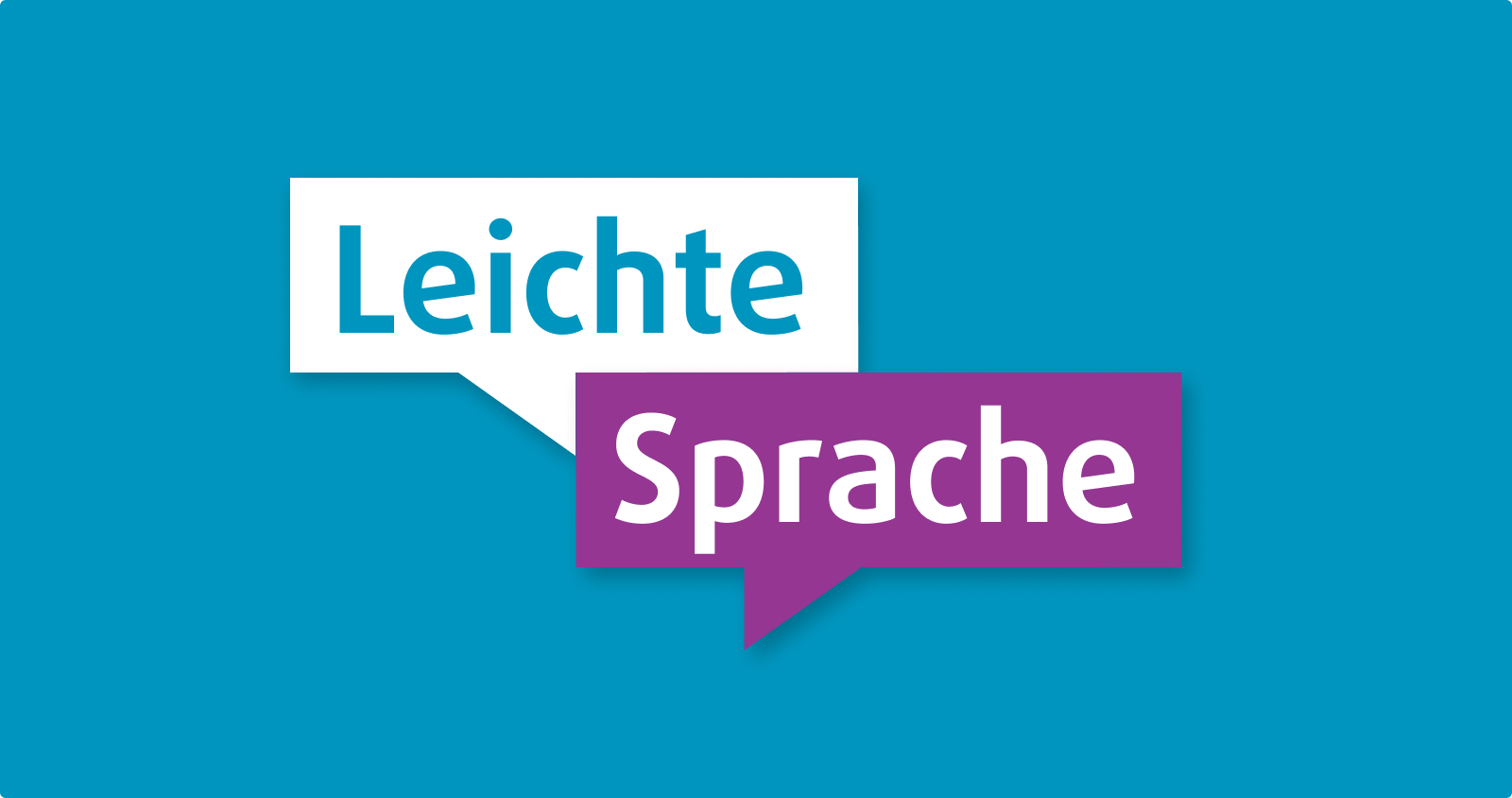 Zwei Sprechblasen mit Leichte Sprache auf blauem Hintergrund. Die Wörter "Leichte" und "Sprache" sind gut lesbar.
