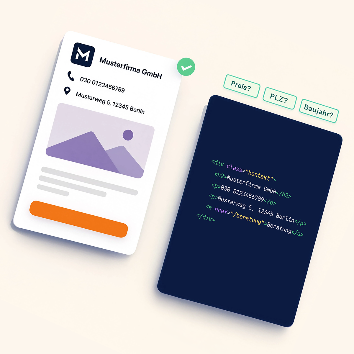 Visitenkarte mit deutschen Beschriftungen und Bildplatzhalter neben dem HTML-Code-Editor.