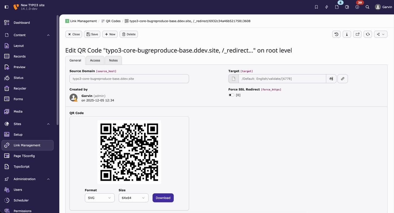 Neues QR-Code Untermodul für Redirects, so dass dauerhaft stabile QR-Codes mit änderbarem Linkziel erstellt werden können. Screenshot TYPO3