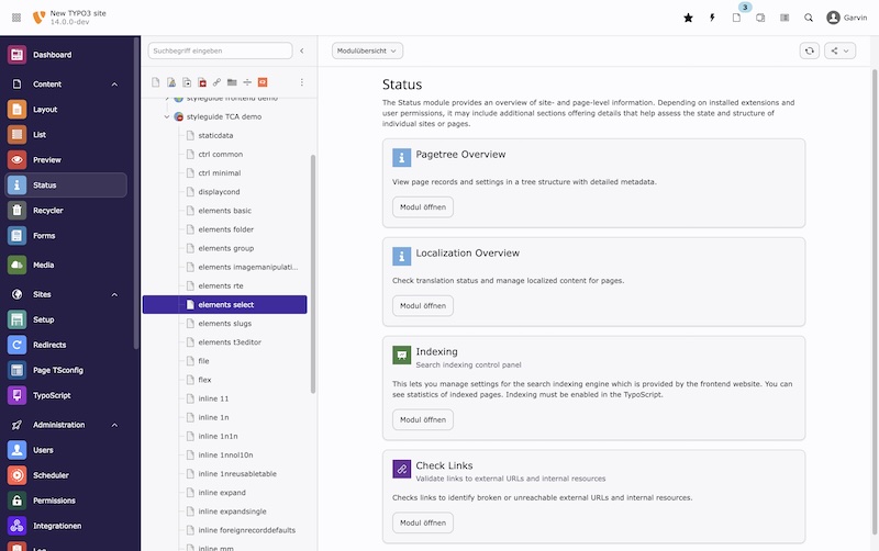 Einführung einer neuen "Submodul-Übersicht" Screenshot TYPO3