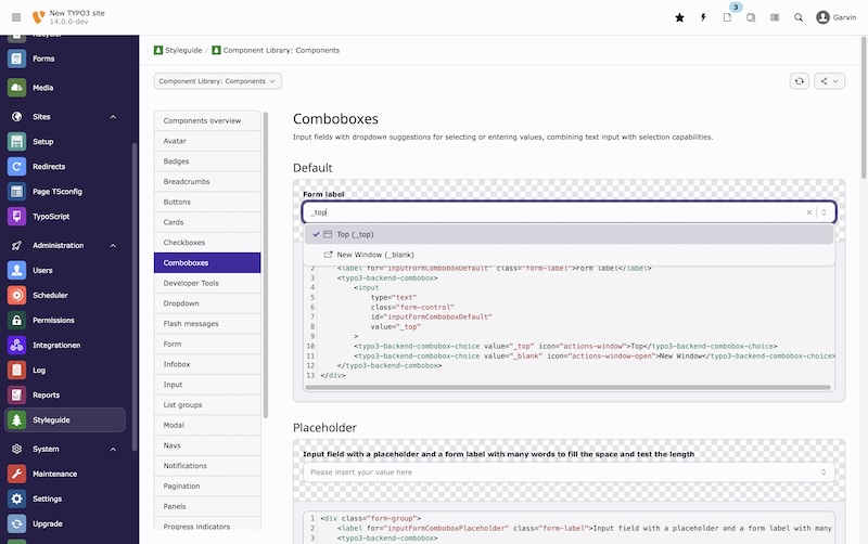 Der FormEngine TCA ValuePicker wird in der Ausgabe ersetzt durch eine neue, accessible "Combobox". Die alten TCA Keys bleiben dem "ValuePicker" zugeordnet, lediglich die Ausgabe ist betroffen. Screenshot TYPO3
