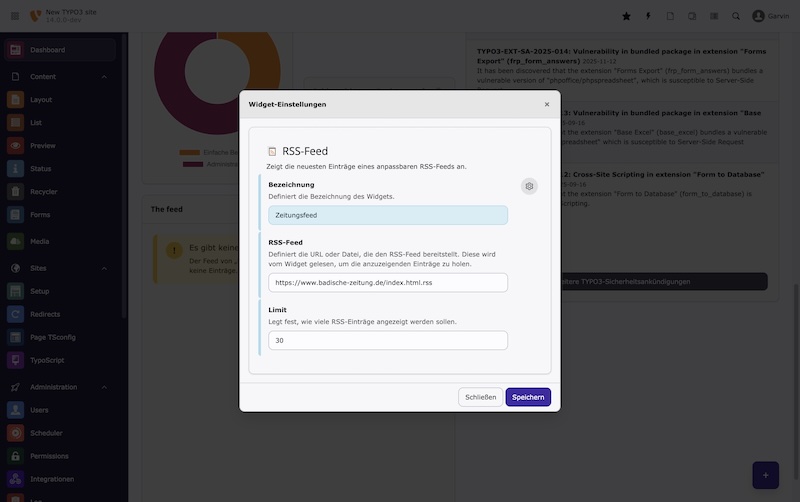 Dashboard-Widgets können nun benutzerspezifisch konfiguriert werden, eine eigene API bietet Userspezifische Optionen an und ermöglicht sofortiges Anwenden von angepassten Optionen. Screenshot TYPO3