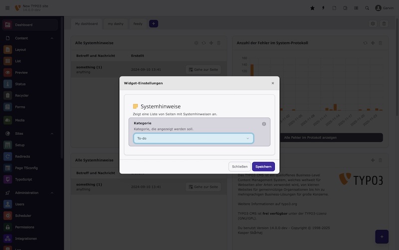 Dashboard-Widgets können nun benutzerspezifisch konfiguriert werden, eine eigene API bietet Userspezifische Optionen an und ermöglicht sofortiges Anwenden von angepassten Optionen. Screenshot TYPO3