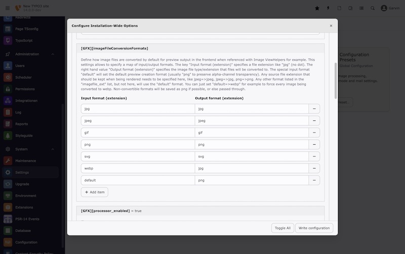 Bildkonvertierung kann nun für jeden Dateitypen das Standard-Zielformat definieren, also z.b. dass JPG und PNG Bilder im Frontend immer als WEBP oder AVIF dargestellt werden. Zukunftsfähig, da jedes beliebige (von Graphics/ImageMagick unterstützte) Format definiert werden kann, pro Dateitypen Screenshot TYPO3