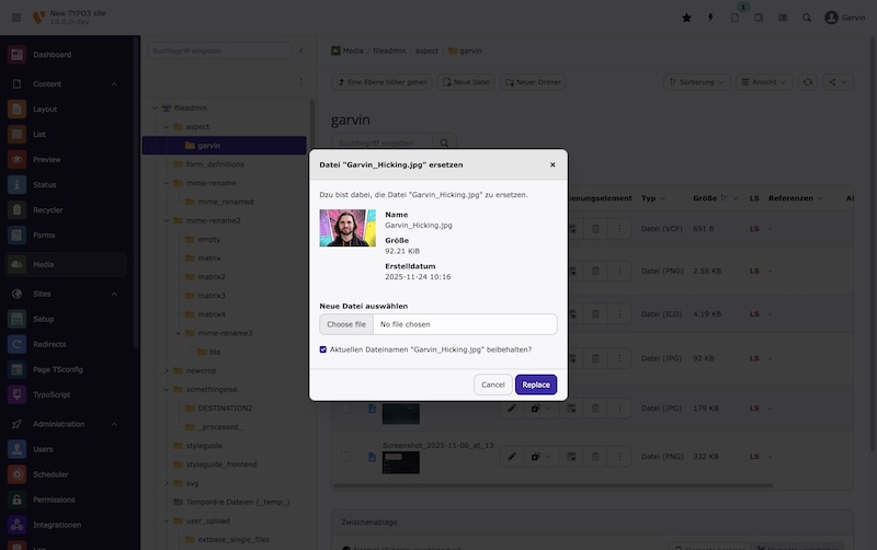 Das Popup zum Ersetzen von Dateien/Bildern mit neu hochgeladenen Inhalten wurde neu implementiert und modernisiert Screenshot TYPO3