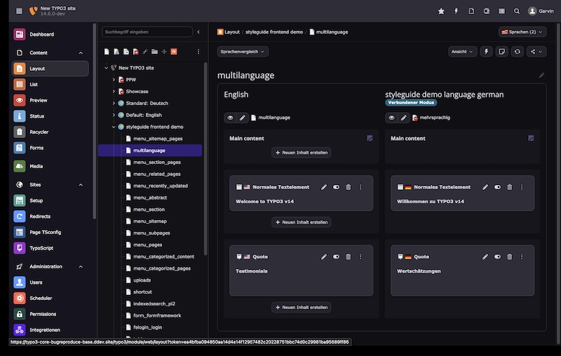 Anpassungen im Backend-Design inklusive neuem "Fresh"-Theme mit violettem Tinting. Weitere Änderungen: rundere Buttons, Farbflächen und Ebeneneinteilungen sowie Tinting-Vorbereitung, Abstände, (browser-relative) Schriftgrößen, Abhebung der Navigation/Header-Komponenten, Erzeugung von Komponenten-Grundlagen für Themes, Vereinheitlichung der Button-Leiste mit immer verfügbarer Share- und Reload-Funktion, Einheitliche Modul-Inhaltsbreiten, permanent verfügbare Sprachauswahl in allen relevanten Modulen, Kleine Dark-Mode Verbesserungen, Nutzung der "Open Sans" Schriftart für Überschriften. Zudem wurden Bootstrap-Grids in FormEngine zugunsten eigener CSS-Grids ausgetauscht. Screenshot TYPO3