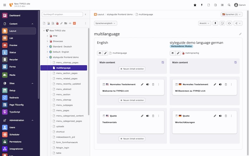 Anpassungen im Backend-Design inklusive neuem "Fresh"-Theme mit violettem Tinting. Weitere Änderungen: rundere Buttons, Farbflächen und Ebeneneinteilungen sowie Tinting-Vorbereitung, Abstände, (browser-relative) Schriftgrößen, Abhebung der Navigation/Header-Komponenten, Erzeugung von Komponenten-Grundlagen für Themes, Vereinheitlichung der Button-Leiste mit immer verfügbarer Share- und Reload-Funktion, Einheitliche Modul-Inhaltsbreiten, permanent verfügbare Sprachauswahl in allen relevanten Modulen, Kleine Dark-Mode Verbesserungen, Nutzung der "Open Sans" Schriftart für Überschriften. Zudem wurden Bootstrap-Grids in FormEngine zugunsten eigener CSS-Grids ausgetauscht. Screenshot TYPO3