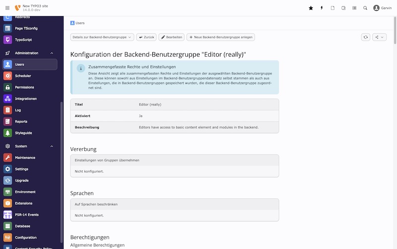 Eine neue Benutzergruppen-Detailansicht stellt Details einer einzelnen Gruppe (wie für einen einzelnen Benutzer) dar Screenshot TYPO3