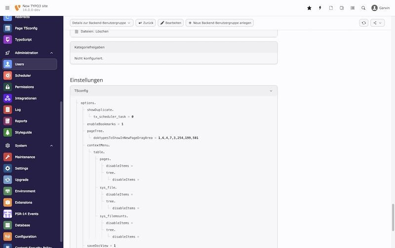Eine neue Benutzergruppen-Detailansicht stellt Details einer einzelnen Gruppe (wie für einen einzelnen Benutzer) dar Screenshot TYPO3