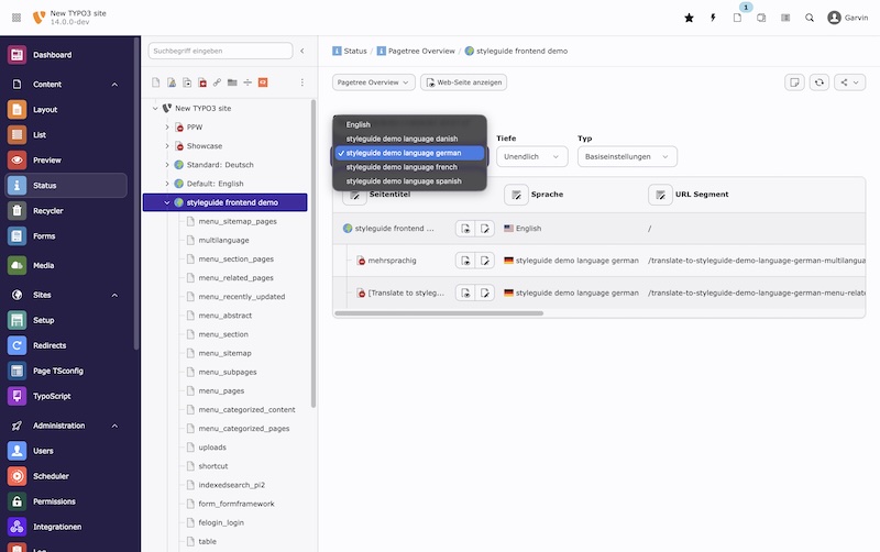 Das "Info"-Modul kann nun eine Sprachauswahl für den Seitenbaum nutzen Screenshot TYPO3