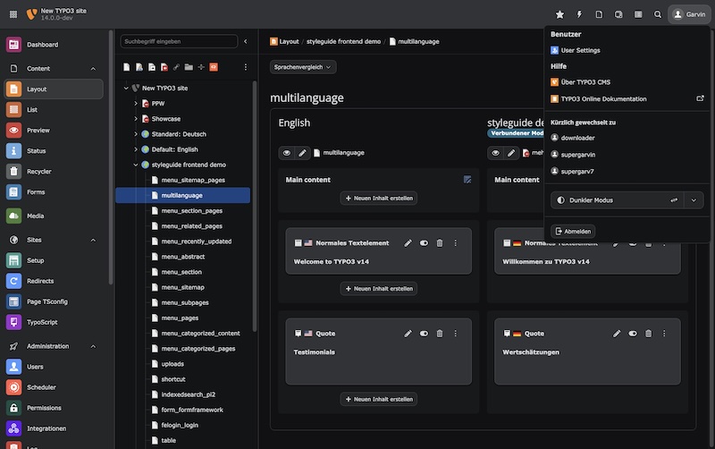 Anpassungen im Backend-Design inklusive neuem "Fresh"-Theme mit violettem Tinting. Weitere Änderungen: rundere Buttons, Farbflächen und Ebeneneinteilungen sowie Tinting-Vorbereitung, Abstände, (browser-relative) Schriftgrößen, Abhebung der Navigation/Header-Komponenten, Erzeugung von Komponenten-Grundlagen für Themes, Vereinheitlichung der Button-Leiste mit immer verfügbarer Share- und Reload-Funktion, Einheitliche Modul-Inhaltsbreiten, permanent verfügbare Sprachauswahl in allen relevanten Modulen, Kleine Dark-Mode Verbesserungen, Nutzung der "Open Sans" Schriftart für Überschriften. Zudem wurden Bootstrap-Grids in FormEngine zugunsten eigener CSS-Grids ausgetauscht. Screenshot TYPO3