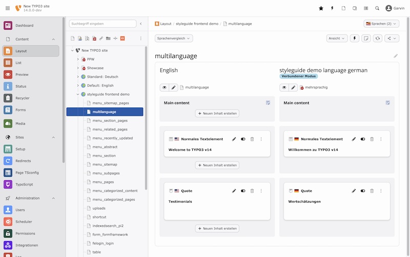 Anpassungen im Backend-Design inklusive neuem "Fresh"-Theme mit violettem Tinting. Weitere Änderungen: rundere Buttons, Farbflächen und Ebeneneinteilungen sowie Tinting-Vorbereitung, Abstände, (browser-relative) Schriftgrößen, Abhebung der Navigation/Header-Komponenten, Erzeugung von Komponenten-Grundlagen für Themes, Vereinheitlichung der Button-Leiste mit immer verfügbarer Share- und Reload-Funktion, Einheitliche Modul-Inhaltsbreiten, permanent verfügbare Sprachauswahl in allen relevanten Modulen, Kleine Dark-Mode Verbesserungen, Nutzung der "Open Sans" Schriftart für Überschriften. Zudem wurden Bootstrap-Grids in FormEngine zugunsten eigener CSS-Grids ausgetauscht. Screenshot TYPO3