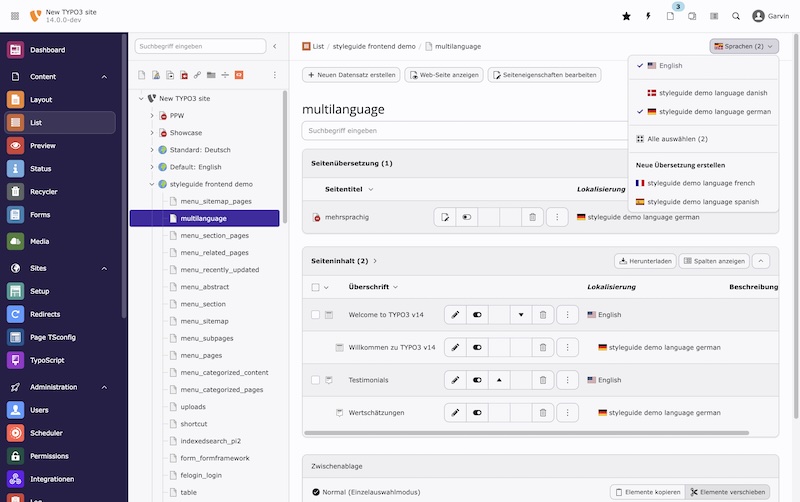 Die Bearbeitung und Darstellung von mehrsprachigen Seiten und Datensätzen im Backend kann nun gezielt mit einer Auswahl von jeder gewünschten Sprache erfolgen. So können nun gezielt nur ausgewählte Sprachen im Vergleich angezeigt werden anstelle nur einer einzigen (oder allen). Zudem bietet nun eine interne PageContext-API zentralen Zugriff auf derartige Meta-Informationen an und bietet großes Potential für Erweiterungen. Screenshot TYPO3