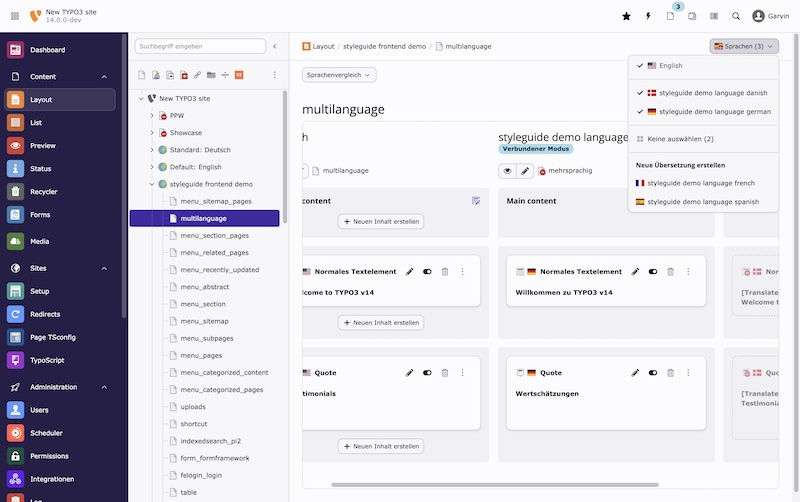 In der Listenansicht von Seitenelementen können diese nun leicht mit einem Sprach-Dropdown gefiltert werden. Screenshot TYPO3