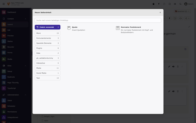 Der Wizard bei der Erstellung neuer Inhalte zeigt nun auch eine Kategorie "Zuletzt benutzt" für die letzten Inhaltselemente an. Dieser kann auch als User-Setting individuell deaktiviert werden. Screenshot TYPO3