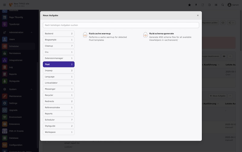 Durch neue "Native" Tasks können Scheduler-Tasks zuverlässiger verarbeitet werden, und neue Möglichkeiten zur Verarbeitung mittels TCA FormEngine wurden geschaffen. Die "Frequenz"-Einstellungen (täglich, stündlich, ...) könnnen nun auch als reguläre TCA Overrides definiert werden. Tasks können nun deutlich stabiler serialisiert und deserialisiert werden als vorher. Screenshot TYPO3