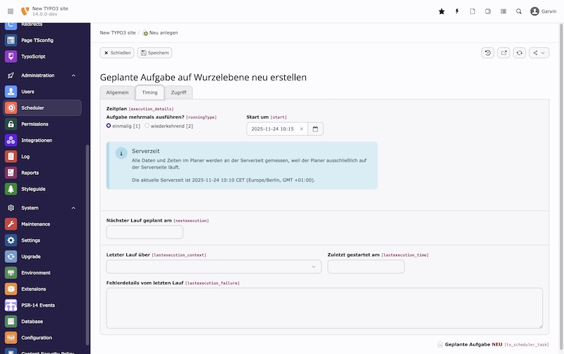 Durch neue "Native" Tasks können Scheduler-Tasks zuverlässiger verarbeitet werden, und neue Möglichkeiten zur Verarbeitung mittels TCA FormEngine wurden geschaffen. Die "Frequenz"-Einstellungen (täglich, stündlich, ...) könnnen nun auch als reguläre TCA Overrides definiert werden. Tasks können nun deutlich stabiler serialisiert und deserialisiert werden als vorher. Screenshot TYPO3