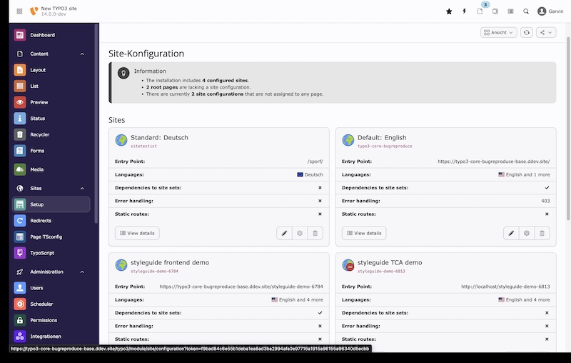 Mehrere Umbenennungen der Hauptmenü-Navigation im Backend: "Web" => "Content", "Page" => "Layout", "Backend Usersr" => "Backend", "File" => "Media", "Filelist" => "Media", "Admin Tools" => "Admin", "Database Integrity" => "Database", "Admin" => "Administration", "Site Management" => "Sites", "Sites" => "Setup", "View" => "Preview", "Info" => "Status", "Workspace" => "Publish", "DB Mount" => "Page Tree Entry Point". Das "Site" und "Site Settings" Modul wurde in "Settings" zusammengelegt und bietet eine deutlich klarere Übersicht der Sites und deren Konfiguration. Die Umbenennungen werden als Routing-Aliase hinterlegt um Bestandsnutzung zu ermöglichen. Ein Migrationswizard passt Rechte mit etwaigen geänderten Identifiern an. Screenshot TYPO3