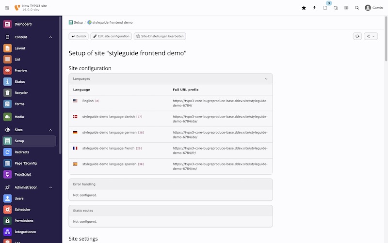Mehrere Umbenennungen der Hauptmenü-Navigation im Backend: "Web" => "Content", "Page" => "Layout", "Backend Usersr" => "Backend", "File" => "Media", "Filelist" => "Media", "Admin Tools" => "Admin", "Database Integrity" => "Database", "Admin" => "Administration", "Site Management" => "Sites", "Sites" => "Setup", "View" => "Preview", "Info" => "Status", "Workspace" => "Publish", "DB Mount" => "Page Tree Entry Point". Das "Site" und "Site Settings" Modul wurde in "Settings" zusammengelegt und bietet eine deutlich klarere Übersicht der Sites und deren Konfiguration. Die Umbenennungen werden als Routing-Aliase hinterlegt um Bestandsnutzung zu ermöglichen. Ein Migrationswizard passt Rechte mit etwaigen geänderten Identifiern an. Screenshot TYPO3