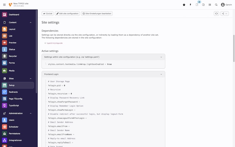 Mehrere Umbenennungen der Hauptmenü-Navigation im Backend: "Web" => "Content", "Page" => "Layout", "Backend Usersr" => "Backend", "File" => "Media", "Filelist" => "Media", "Admin Tools" => "Admin", "Database Integrity" => "Database", "Admin" => "Administration", "Site Management" => "Sites", "Sites" => "Setup", "View" => "Preview", "Info" => "Status", "Workspace" => "Publish", "DB Mount" => "Page Tree Entry Point". Das "Site" und "Site Settings" Modul wurde in "Settings" zusammengelegt und bietet eine deutlich klarere Übersicht der Sites und deren Konfiguration. Die Umbenennungen werden als Routing-Aliase hinterlegt um Bestandsnutzung zu ermöglichen. Ein Migrationswizard passt Rechte mit etwaigen geänderten Identifiern an. Screenshot TYPO3