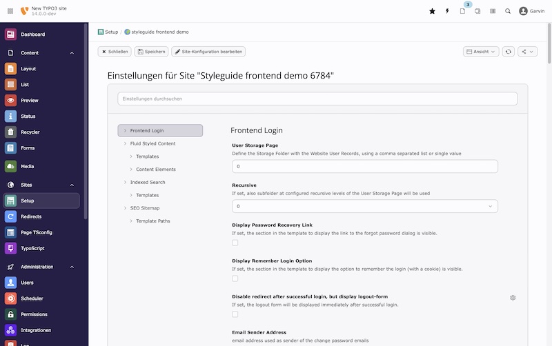 Mehrere Umbenennungen der Hauptmenü-Navigation im Backend: "Web" => "Content", "Page" => "Layout", "Backend Usersr" => "Backend", "File" => "Media", "Filelist" => "Media", "Admin Tools" => "Admin", "Database Integrity" => "Database", "Admin" => "Administration", "Site Management" => "Sites", "Sites" => "Setup", "View" => "Preview", "Info" => "Status", "Workspace" => "Publish", "DB Mount" => "Page Tree Entry Point". Das "Site" und "Site Settings" Modul wurde in "Settings" zusammengelegt und bietet eine deutlich klarere Übersicht der Sites und deren Konfiguration. Die Umbenennungen werden als Routing-Aliase hinterlegt um Bestandsnutzung zu ermöglichen. Ein Migrationswizard passt Rechte mit etwaigen geänderten Identifiern an. Screenshot TYPO3