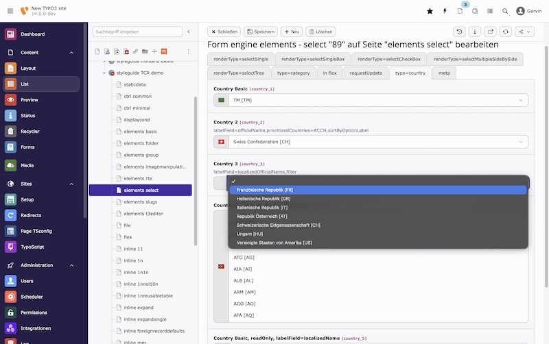 Ein neuer TCA-Typ "country" wurde eingefügt, der nun sowohl in FormEngine, Extbase als auch TypoScript Rendering genutzt werden kann um die Country API Objekte anzusprechen Screenshot TYPO3
