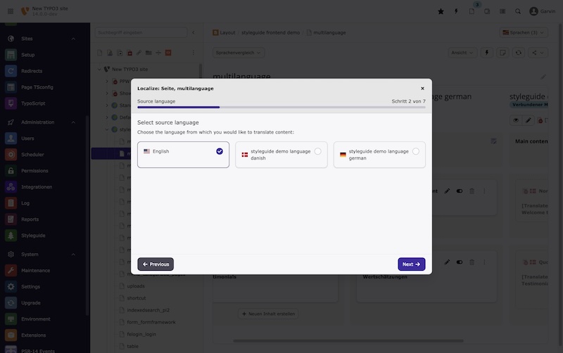 Ein neuer Übersetzungs-Wizard ermöglicht einen besser geleiteten Prozess für Sprachvarianten von Seiten und Inhaltselementen, und erlaubt strukturelle Eingriffsmöglichkeiten (via PHP und JavaScript) mit "Finisher" und "LocalizationHandler" Objekten Screenshot TYPO3