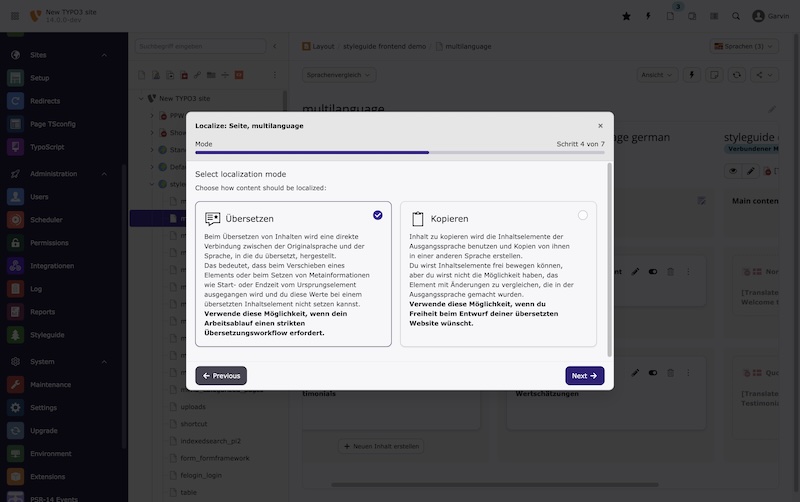 Zwei neue UI-Möglichkeiten im Backend für "Card-Groups" wurden hinzugefügt, die große Kacheln mit Checkbox oder Radiobuttons enthalten können Screenshot TYPO3