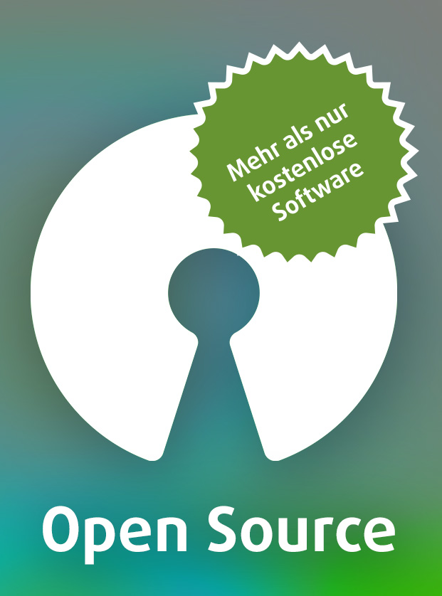 Weißes Open-Source-Logo und Text mit einem grünen Kreis mit weißem Rand und der Aufschrift Mehr als nur kostenlose Software.