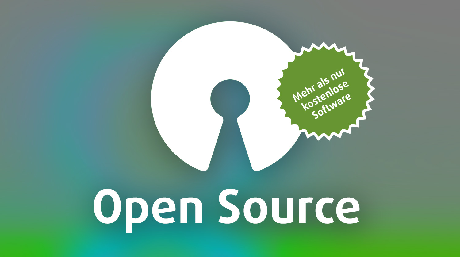 Weißes Open-Source-Logo und Text mit einem grünen Kreis mit weißem Rand und der Aufschrift Mehr als nur kostenlose Software.
