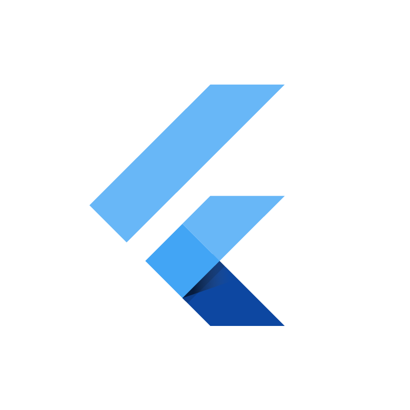 Flutter-Logo mit sich überlappenden blauen geometrischen Formen auf weißem Hintergrund.