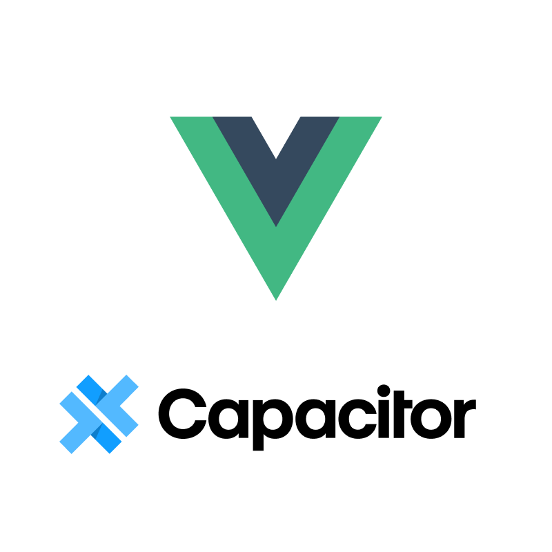 Vue.js-Logo über dem Capacitor-Logo und Text auf weißem Hintergrund.