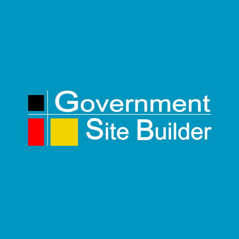 Logo mit farbigen Quadraten und dem Text "Government Site Builder" auf blauem Hintergrund.