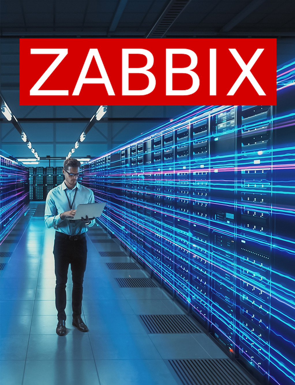 Ein Mann mit einem Laptop steht in einem Serverraum; das ZABBIX-Logo ist oben im Bild zu sehen.