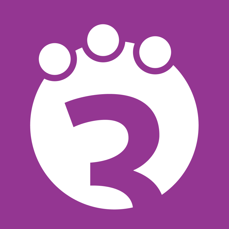 Ein weißer Kreis mit der violetten Zahl 3 mit drei Kreisen darüber auf violettem Hintergrund.