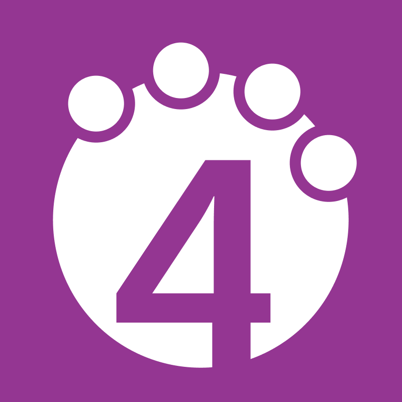Violette Zahl 4 innerhalb eines weißen Kreises mit vier kleineren Kreisen auf violettem Hintergrund.