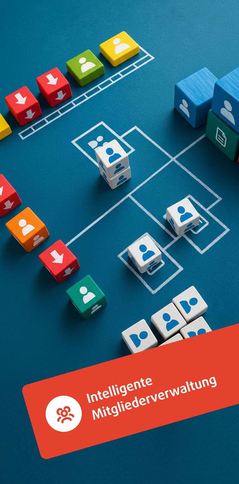 Blöcke mit Symbolen bilden ein Organigramm auf einer blauen Fläche, der Text lautet Intelligente Mitgliederverwaltung.