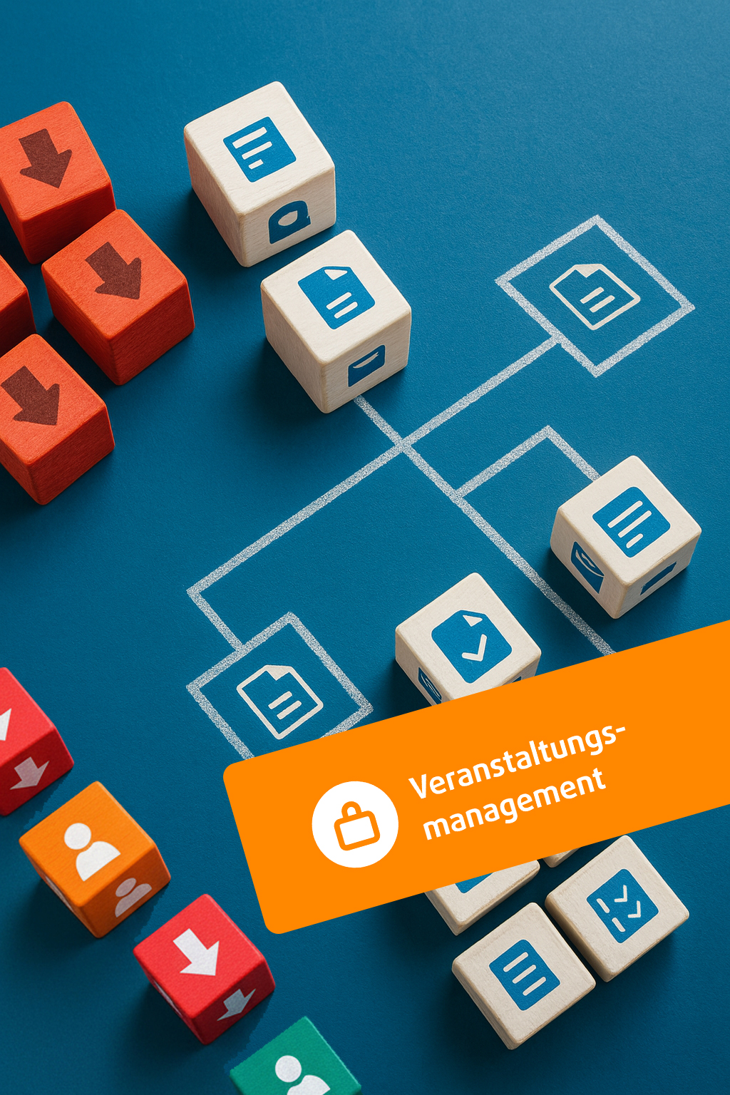 In einem Flussdiagramm angeordnete Holzblöcke mit Veranstaltungsmanagement-Etikett auf einem orangefarbenen Transparent.