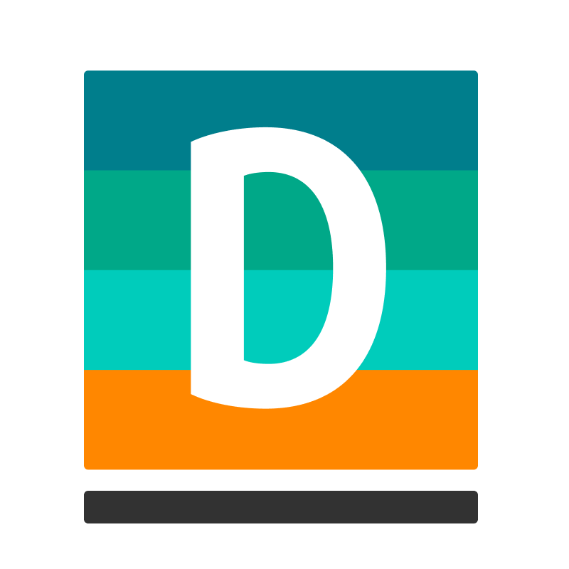 Ein stilisierter Buchstabe D auf einem mehrfarbigen rechteckigen Hintergrund mit blaugrünen, orangefarbenen und schwarzen Streifen.