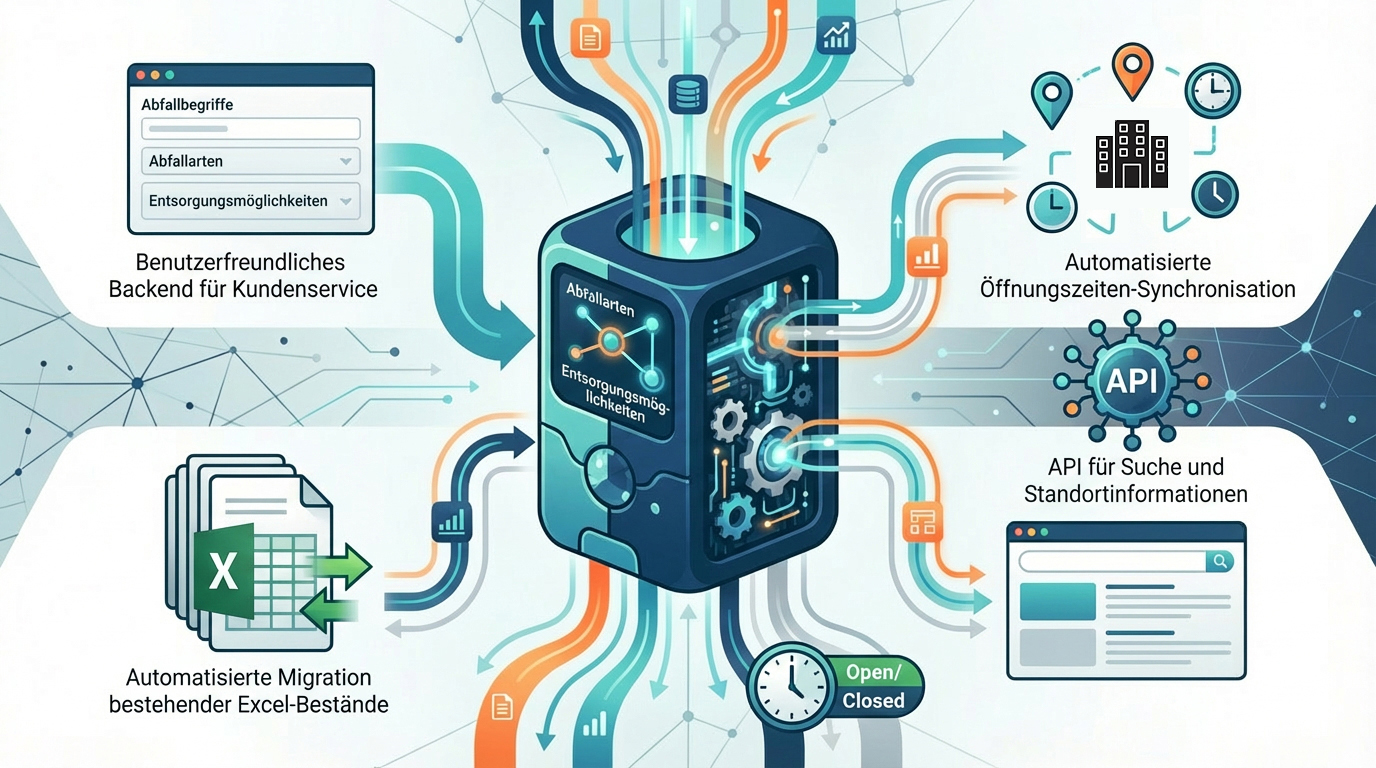 Bunte Infografik über ein automatisiertes Abfallmanagementsystem mit API, Excel-Migration und Kundendienstfunktionen.