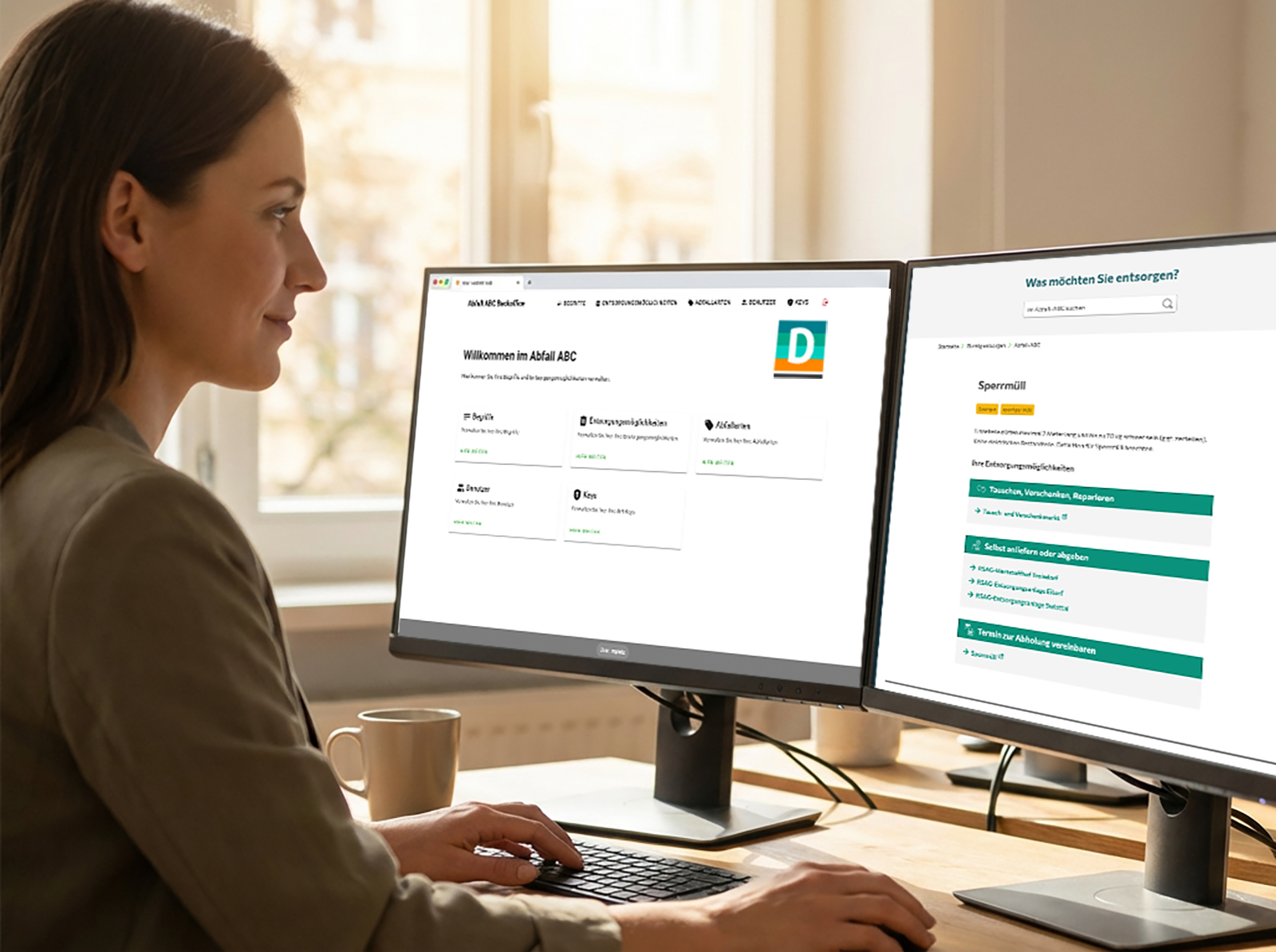 Frau arbeitet an einem Schreibtisch mit zwei Computermonitoren, auf denen Websites in deutscher Sprache angezeigt werden.