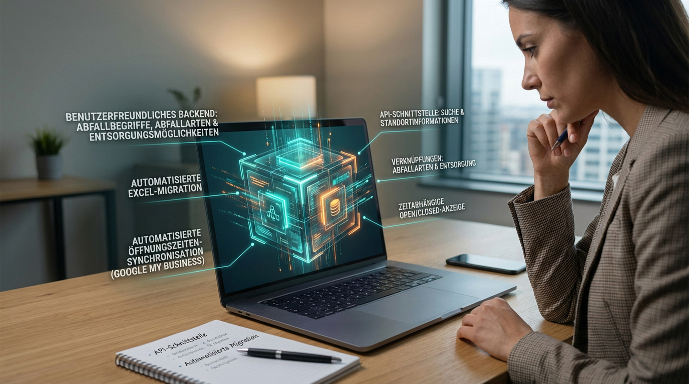 Frau am Schreibtisch mit Blick auf einen Laptop, der einen digitalen Würfel mit technischen Begriffen und Diagrammen auf dem Bildschirm anzeigt.