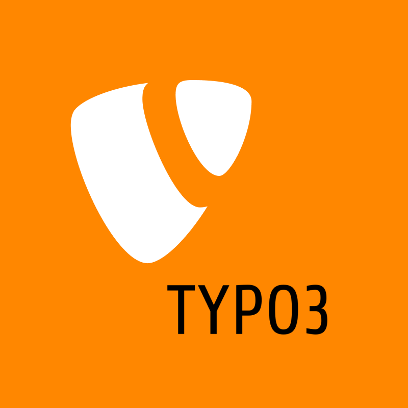 Das Bild zeigt das TYPO3-Logo, bestehend aus einer weißen, abstrakten Form, die einem schrägen „T“ auf orangefarbenem Hintergrund ähnelt, darunter steht in schwarzer Schrift „TYPO3“.